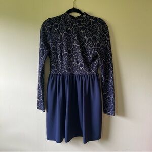 Altard State Navy Floral High Neck Dress Open Back M Long Sleeve